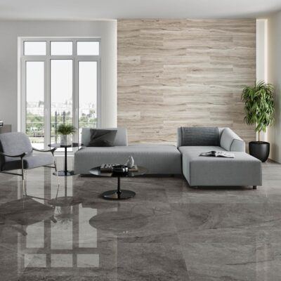 Wave Ash 90x90 cm – Restparti | Blank mørkegrå keramiske fliser